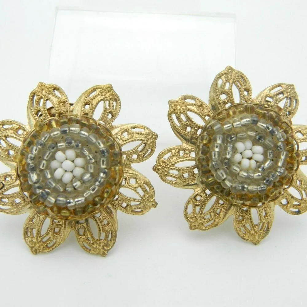 White Silver Gold Seed Bead Ornate Open Work